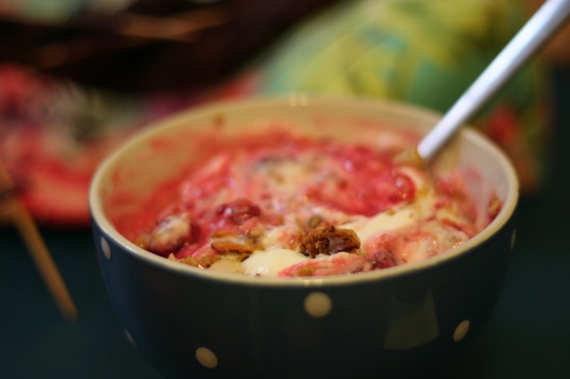 After it's all mixed up (the pink is from raspberries).