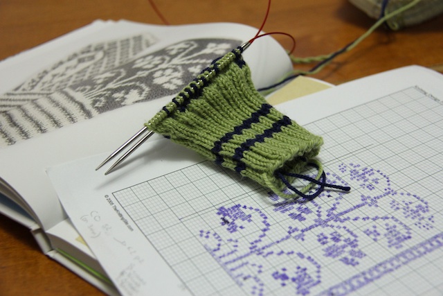 The colour is weird here, but it's a sort of light, leafy green with navy blue.