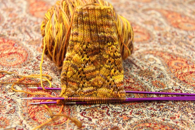 The second Hummingbird sock, which I'm knitting Hedgehog Fibres sock, which might just be my new favourite sock yarn.