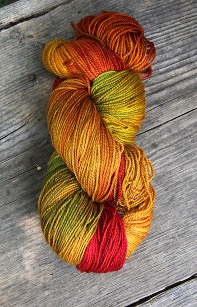 Fleece Artist Merino 2/6 in what I'm guessing is her Autumn colourway (she doesn't write the names on the tags because they are hard to repeat exactly and people get mad about it, or so I've been told.)