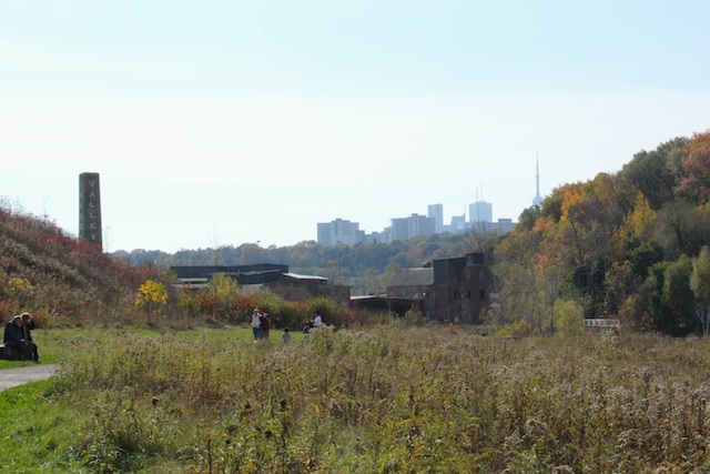 View of the city centre from the back of the old quarry, with the Brickworks buildings in the foreground. You just just see the CN Tower over to the right.
